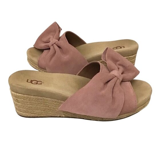UGG 8.5 Jaycee Suede Rose Pink Bow Women’s Espadrille Wedge Sandals Shoes - Picture 1 of 12